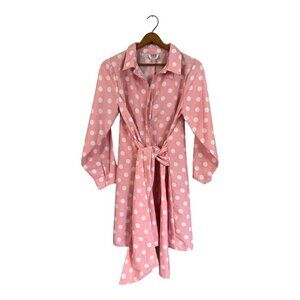 Her Destiny Pink White Polka Dot Dress Large Long Sleeves Tie Waist LARGE